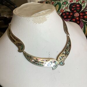 Vintage Abalone Inlay Alpaca Silver Necklace Collar 16”